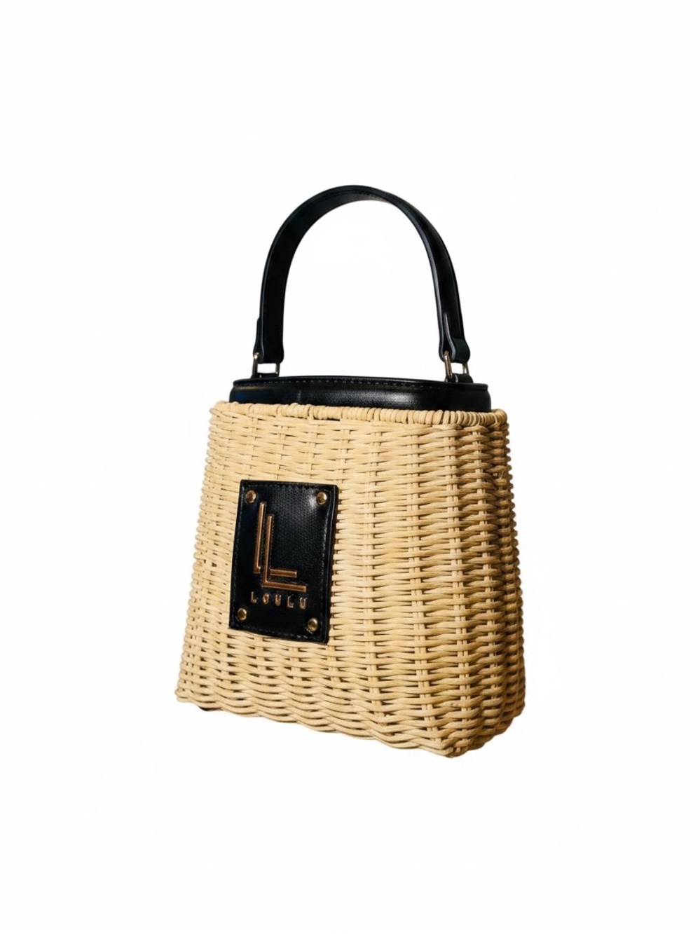 LOULU Beige Woven Mini Bucket Bag with Black Trim